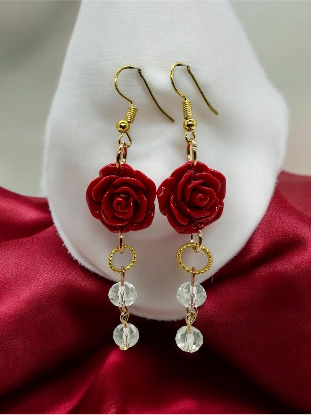 Red Rose Dangle Earrings with Gold Hooks and Crystal Bead Drop Floral Jewelry